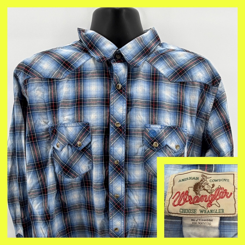 Wrangler Western Pearl Snap Shirt XXL Mens Blue Plaid American Cowboys‎ Yoked